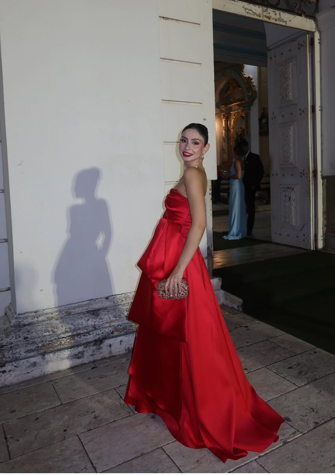 Strapless A Line Red Satin Wedding Guest Dress Tiered Formal Evening Party Dress J7067