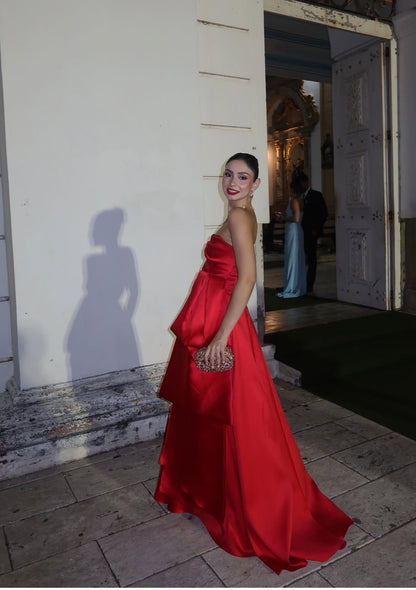 Strapless A Line Red Satin Wedding Guest Dress Tiered Formal Evening Party Dress J7067