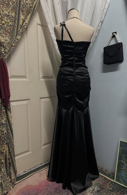 One Shoulder Applique Strap Long Prom Dress Black Formal Party Gown J8541