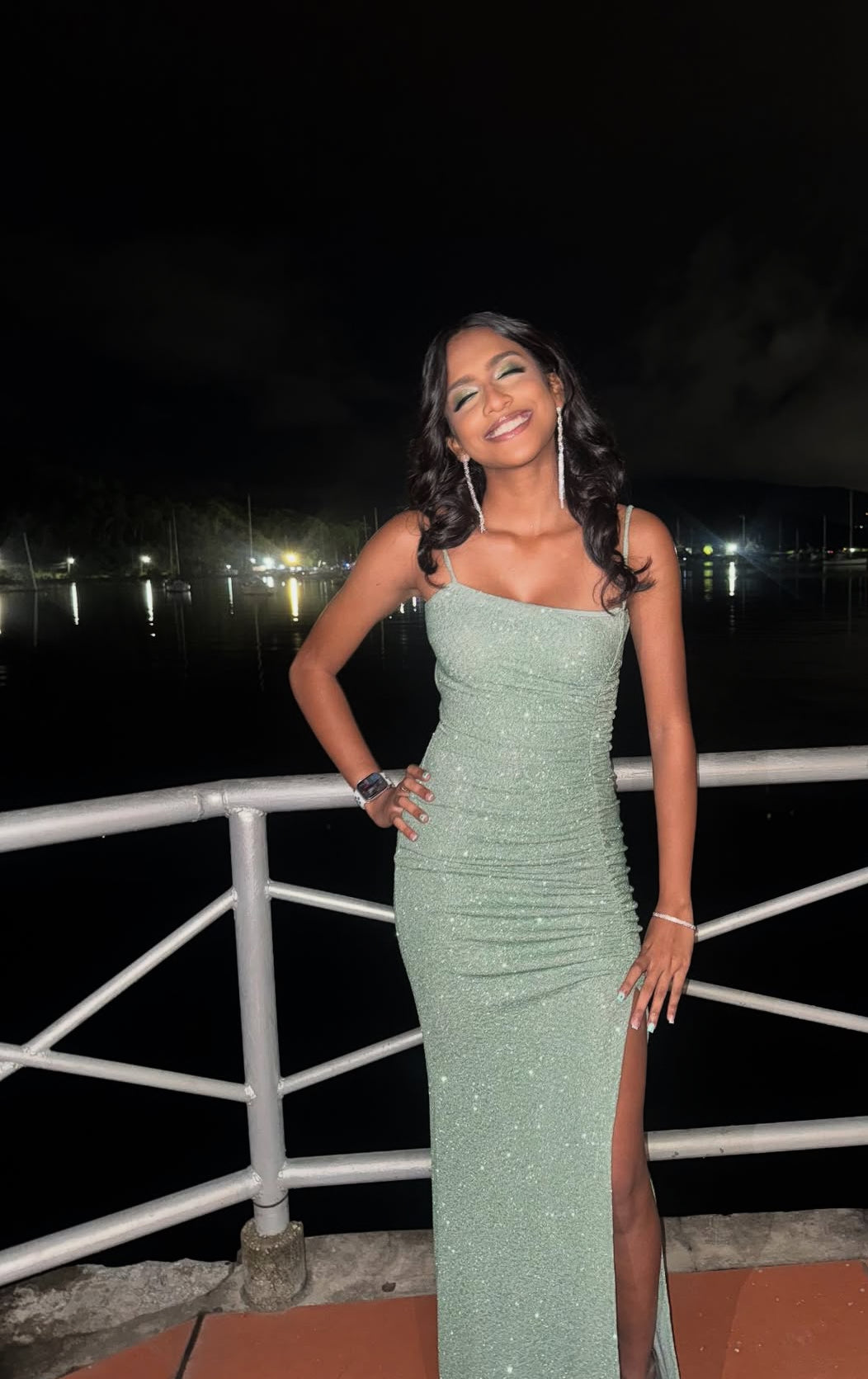 Spaghetti Straps Green Sparkling Long Prom Dress Sequin Evening Dress J7874