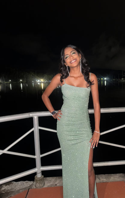 Spaghetti Straps Green Sparkling Long Prom Dress Sequin Evening Dress J7874