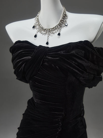 Off The Shoulder Black Mermaid Long Prom Dress Velvet Evening Dress J8438