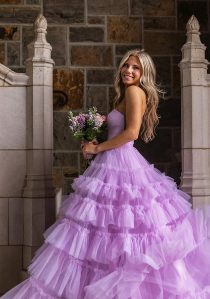 Strapless A Line Lavender Long Prom Dress Tulle Graduation Dress  J7892