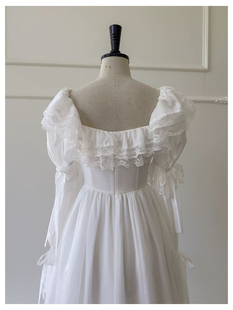 Robe longue de soirée ivoire trapèze en mousseline de soie et dentelle, robe d'anniversaire avec dentelle J8431