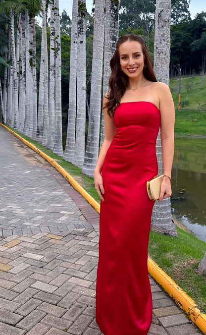 Strapless Sheath Red Long Prom Dress Satin Evening Dress J7961