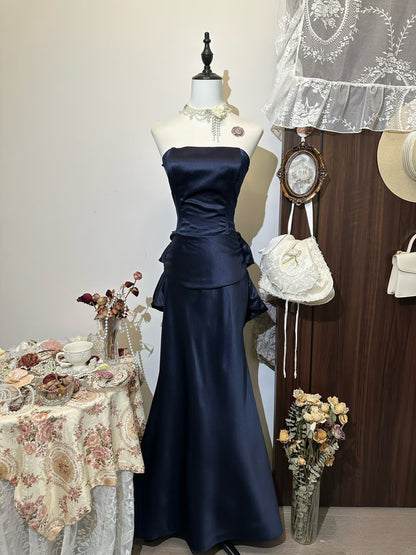Strapless Navy Blue Mermaid Vintage Prom Dress Evening Party Dress J7987