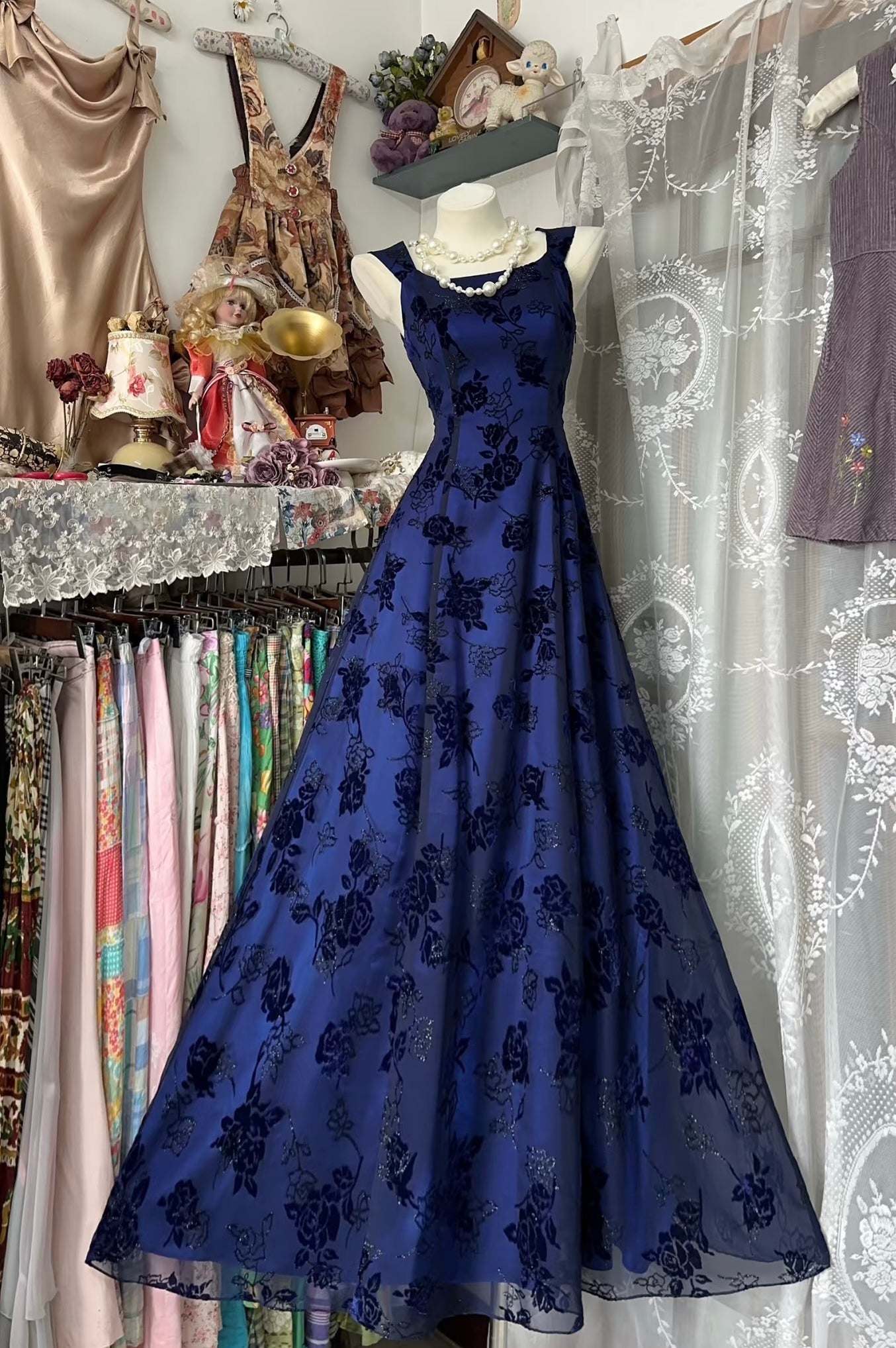 A Line Lace Vintage Long Prom Dress Blue Evening Dress J7984