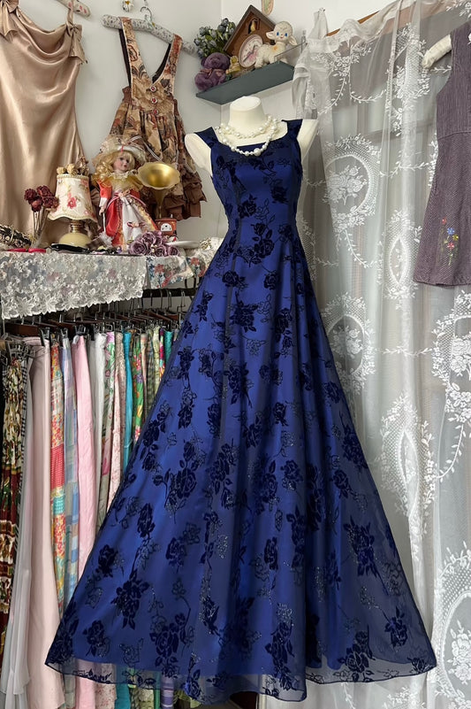 A Line Lace Vintage Long Prom Dress Blue Evening Dress J7984