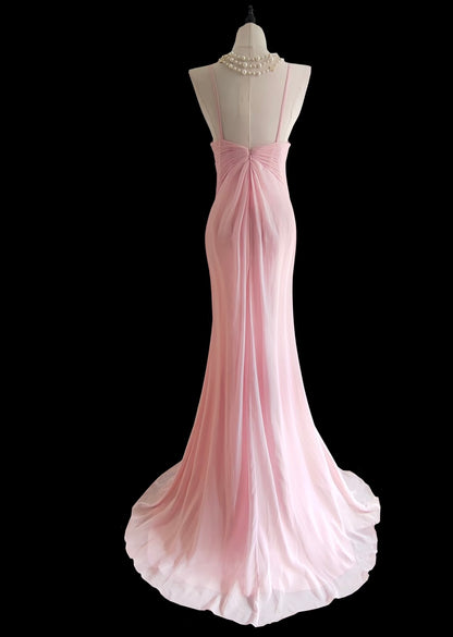 Robe de soirée sirène rose en mousseline de soie, robe de bal formelle J7323
