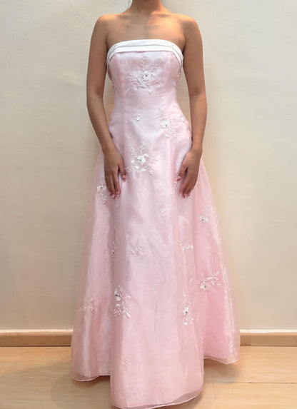 Strapless A Line Pink Long Prom Dress Applique Formal Party Dress J8585