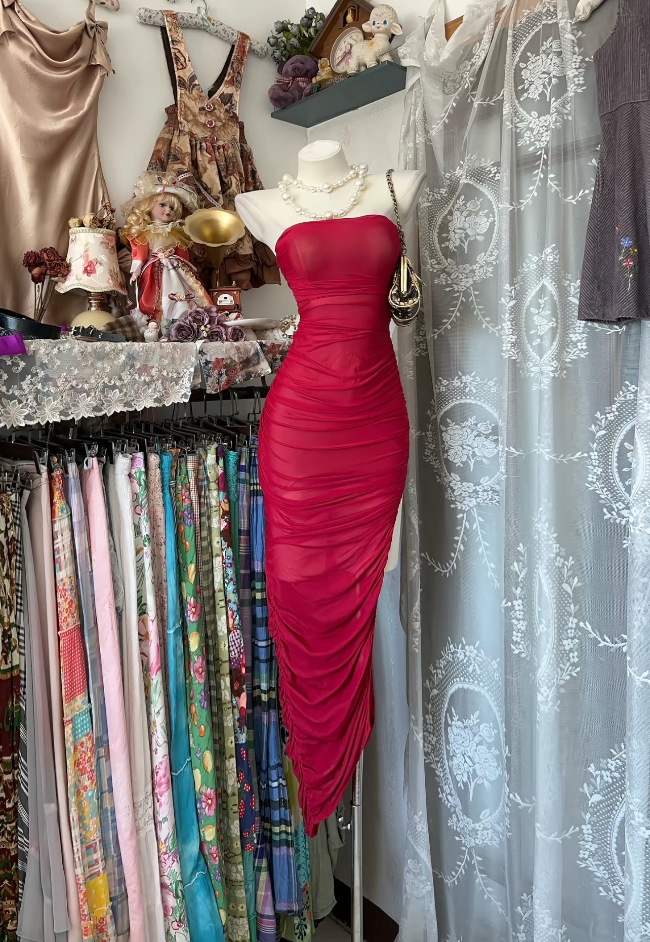 Strapless Sheath Red Long Prom Dress Vintage Evening Party Dress J8904