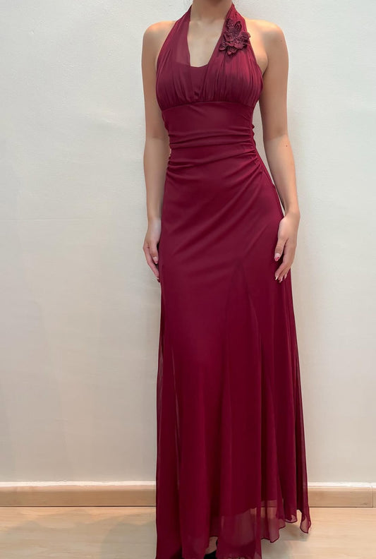 Neckholder Burgunderrot Langes Ballkleid Formales Partykleid J8588