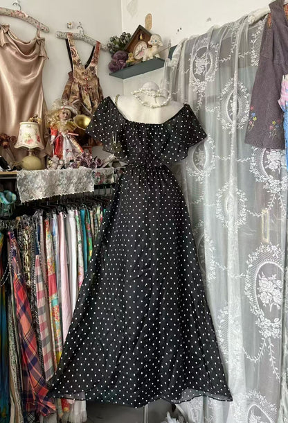 A Line Black Polka Dot Evening Dress Elegant Long Dress  J11853