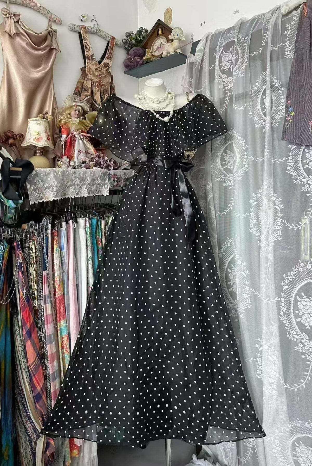 A Line Black Polka Dot Evening Dress Elegant Long Dress  J11853