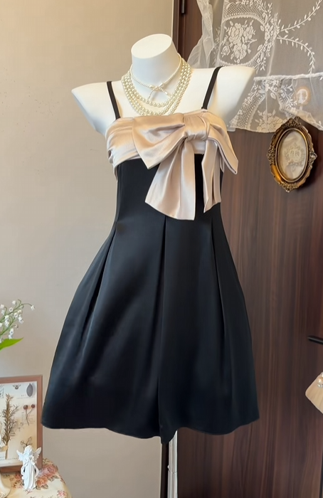 A Line Black Satin Homecoming Dress With Bow Knot J11170
