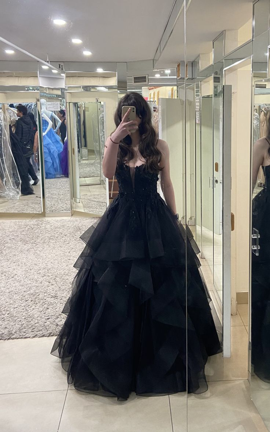 A Line Black Tulle Formal Prom Dress With Appliques J9984