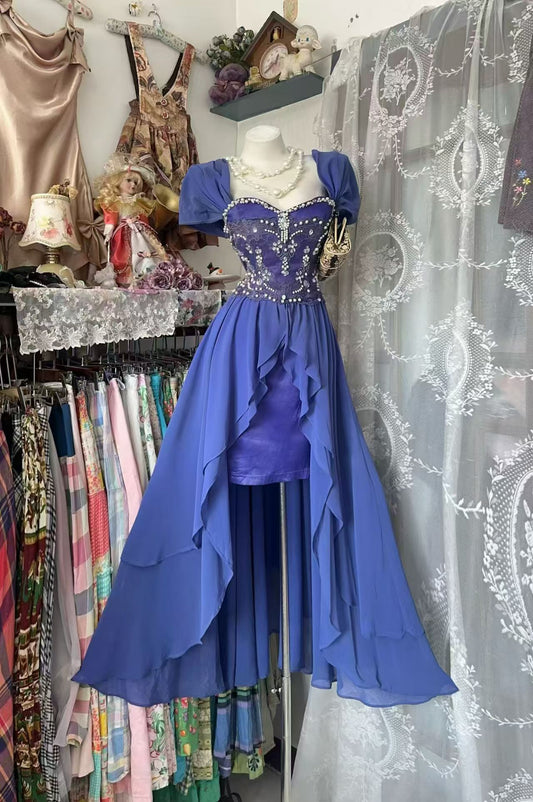 A Line Blue Chiffon Birthday Dress Princess Homecoming Dress  J10918