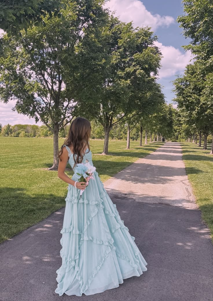 A Line Blue Chiffon Formal Wedding Guest Dress Ruffled Prom Dress  J11927