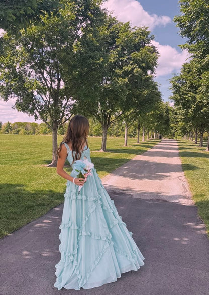 A Line Blue Chiffon Formal Wedding Guest Dress Ruffled Prom Dress  J11927