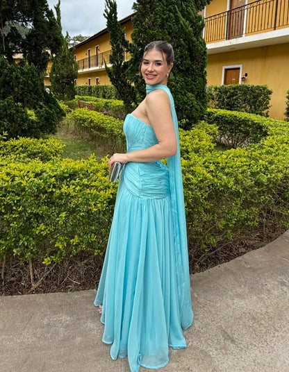 A Line Blue Chiffon Formal Wedding Guest Dress With Scalf  J12080