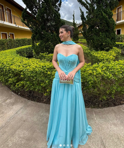 A Line Blue Chiffon Formal Wedding Guest Dress With Scalf  J12080