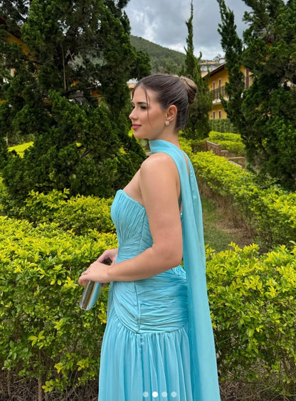 A Line Blue Chiffon Formal Wedding Guest Dress With Scalf  J12080