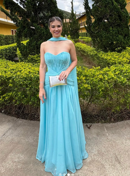 A Line Blue Chiffon Formal Wedding Guest Dress With Scalf  J12080