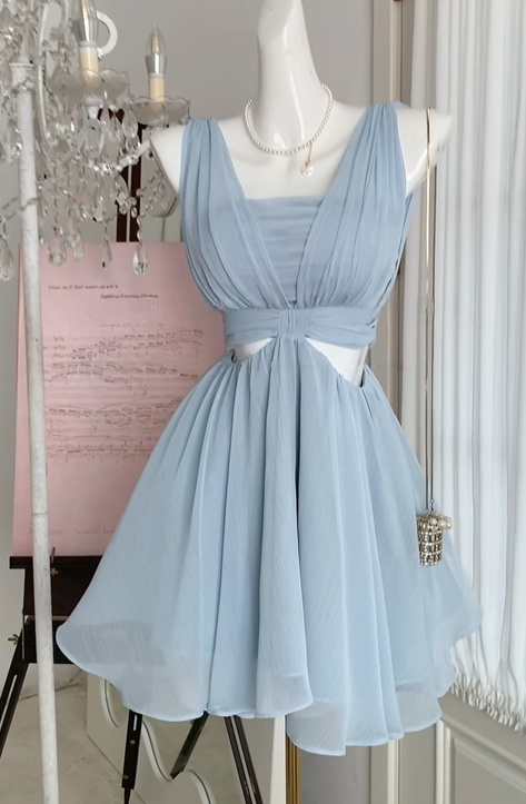 A Line Blue Chiffon Homecoming Dress Short Party Dress  J10965