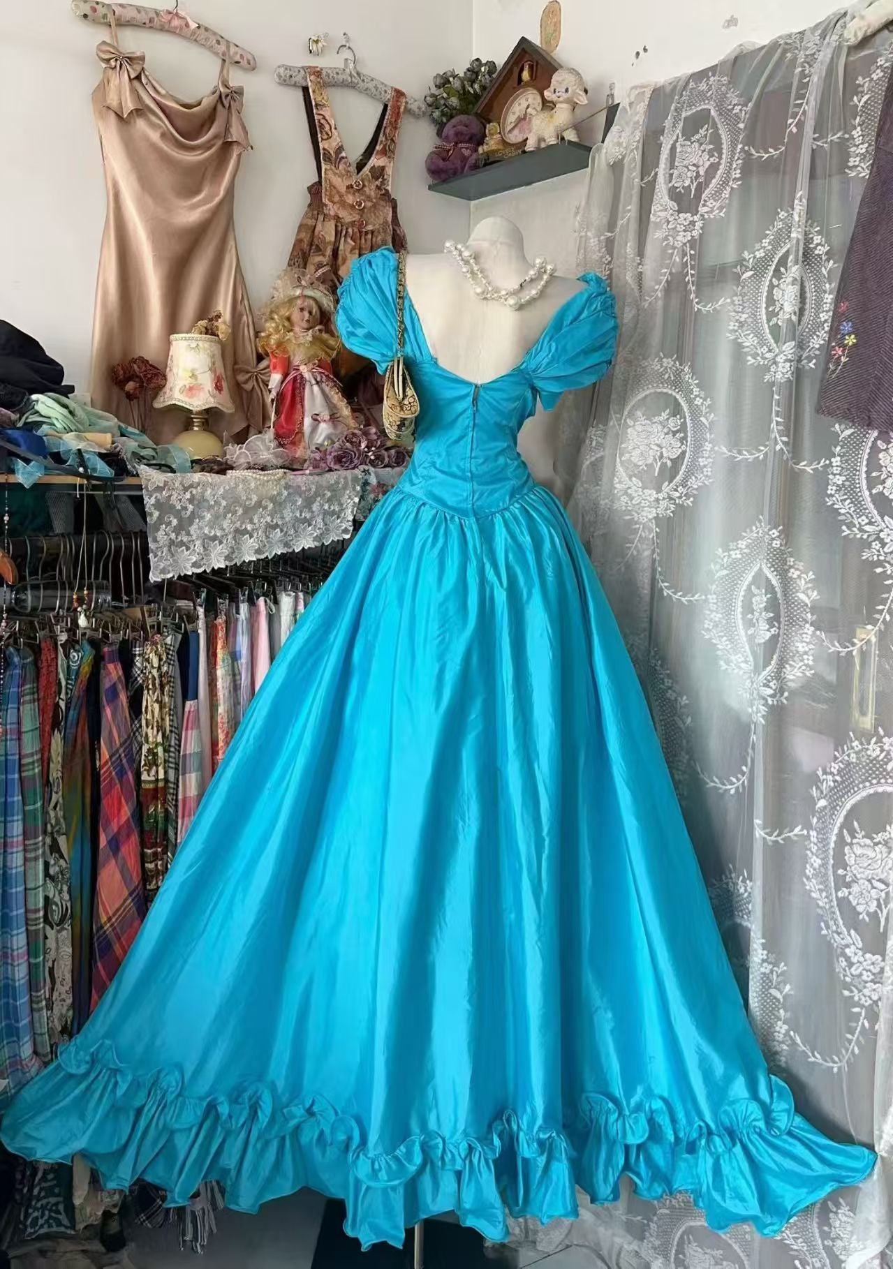A Line Blue Satin Long Formal Prom Dress Princess Birthday Dress  J11115