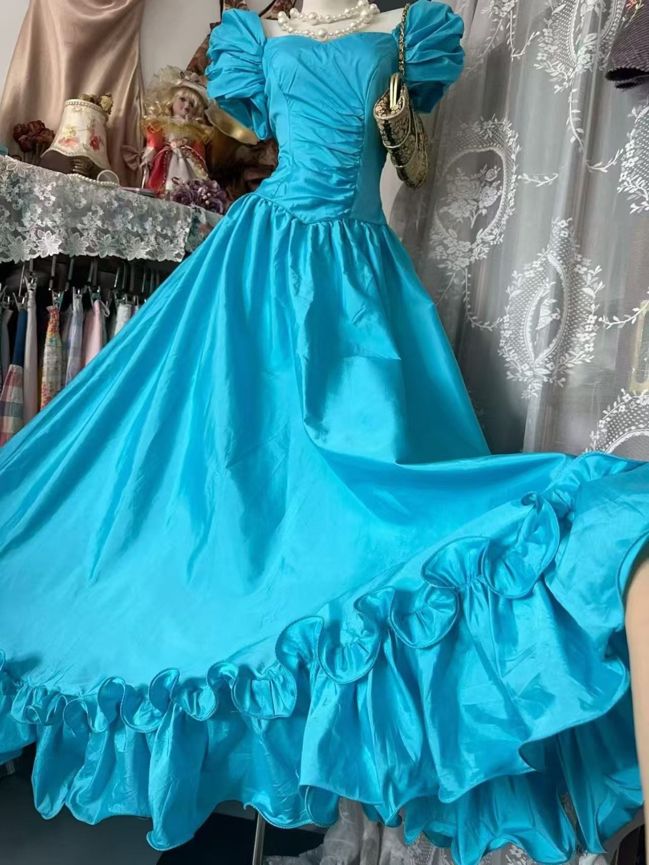 A Line Blue Satin Long Formal Prom Dress Princess Birthday Dress  J11115