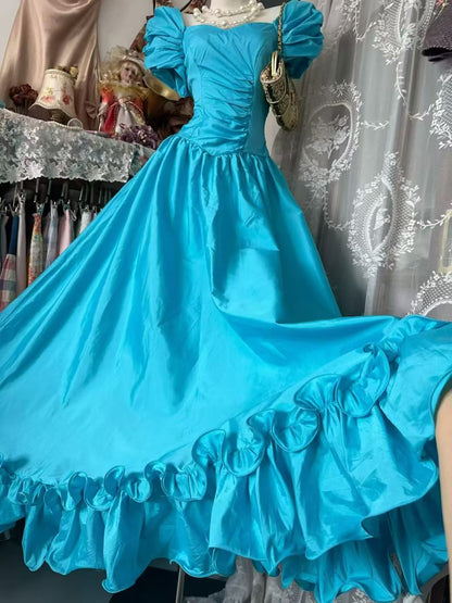 A Line Blue Satin Long Formal Prom Dress Princess Birthday Dress  J11115