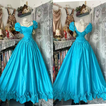 A Line Blue Satin Long Formal Prom Dress Princess Birthday Dress  J11115