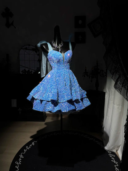 A Line Blue Sequin Homecoming Dress Sparkle Birthday Dress  J10815