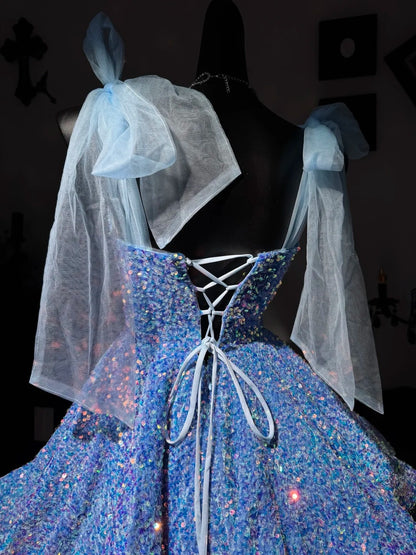 A Line Blue Sequin Homecoming Dress Sparkle Birthday Dress  J10815