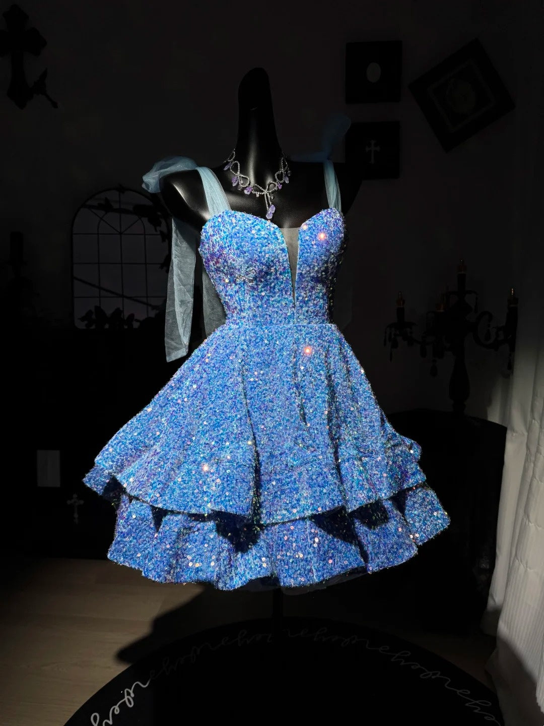 A Line Blue Sequin Homecoming Dress Sparkle Birthday Dress  J10815