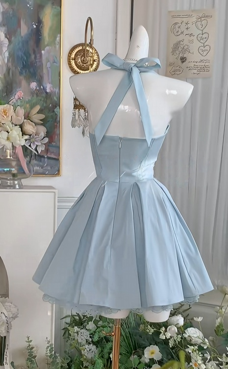 A Line Blue Short Homecoming Dress Satin Birthday Dress  J10971