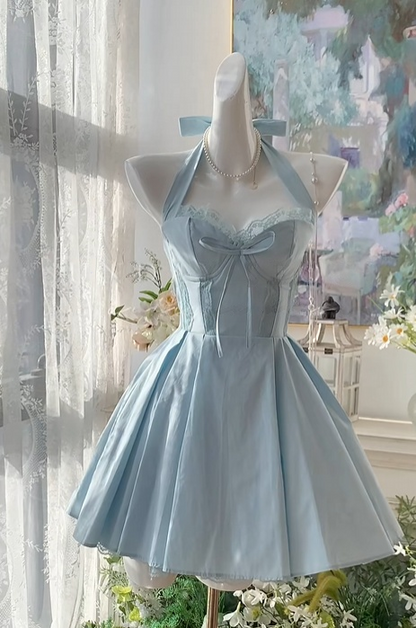 A Line Blue Short Homecoming Dress Satin Birthday Dress  J10971