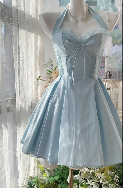A Line Blue Short Homecoming Dress Satin Birthday Dress  J10971