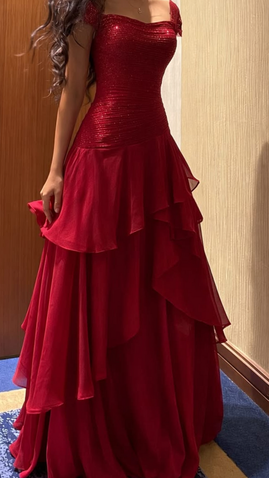 A Line Burgundy Chiffon Prom Dress Layered Birthday Dress  J10745