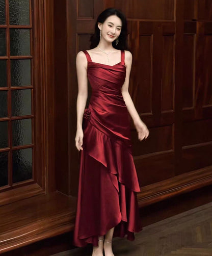 A-Linie Burgunderrot Langes Ballkleid Rüschen Elegantes Abendkleid J8617