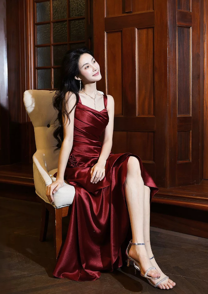 A-Linie Burgunderrot Langes Ballkleid Rüschen Elegantes Abendkleid J8617