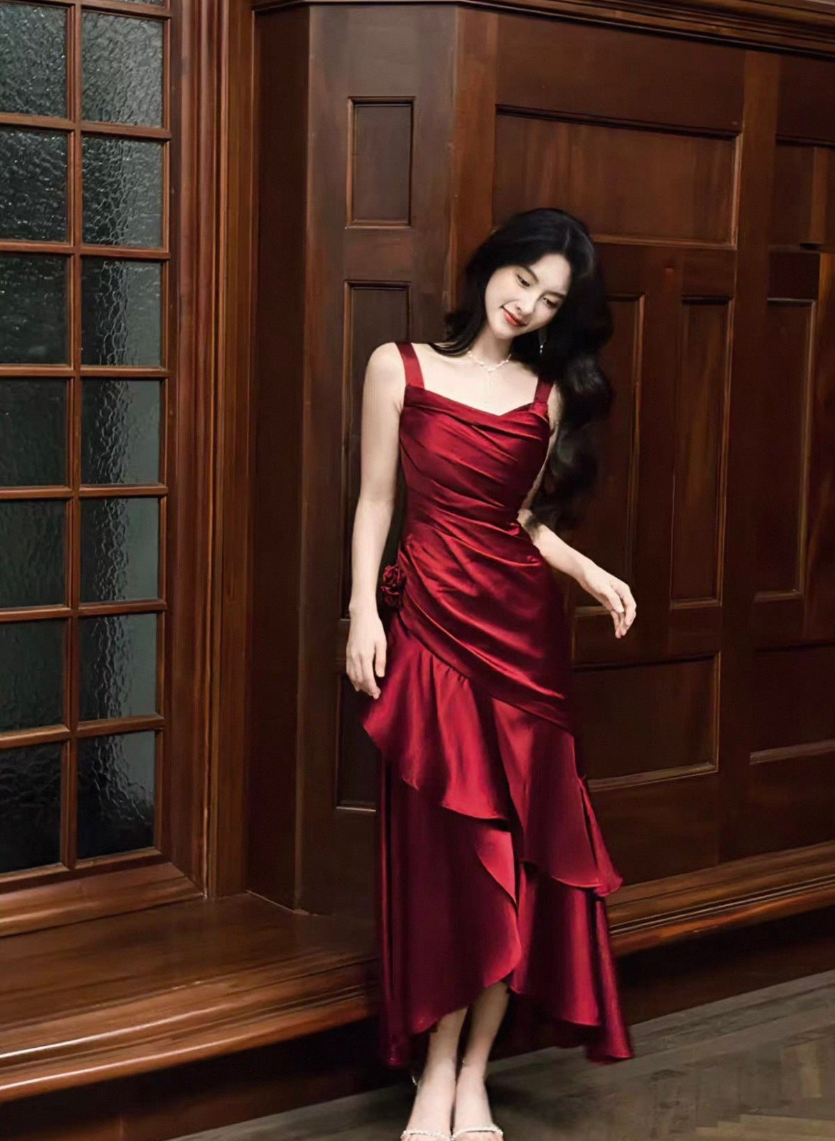 A-Linie Burgunderrot Langes Ballkleid Rüschen Elegantes Abendkleid J8617