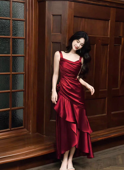 A-Linie Burgunderrot Langes Ballkleid Rüschen Elegantes Abendkleid J8617