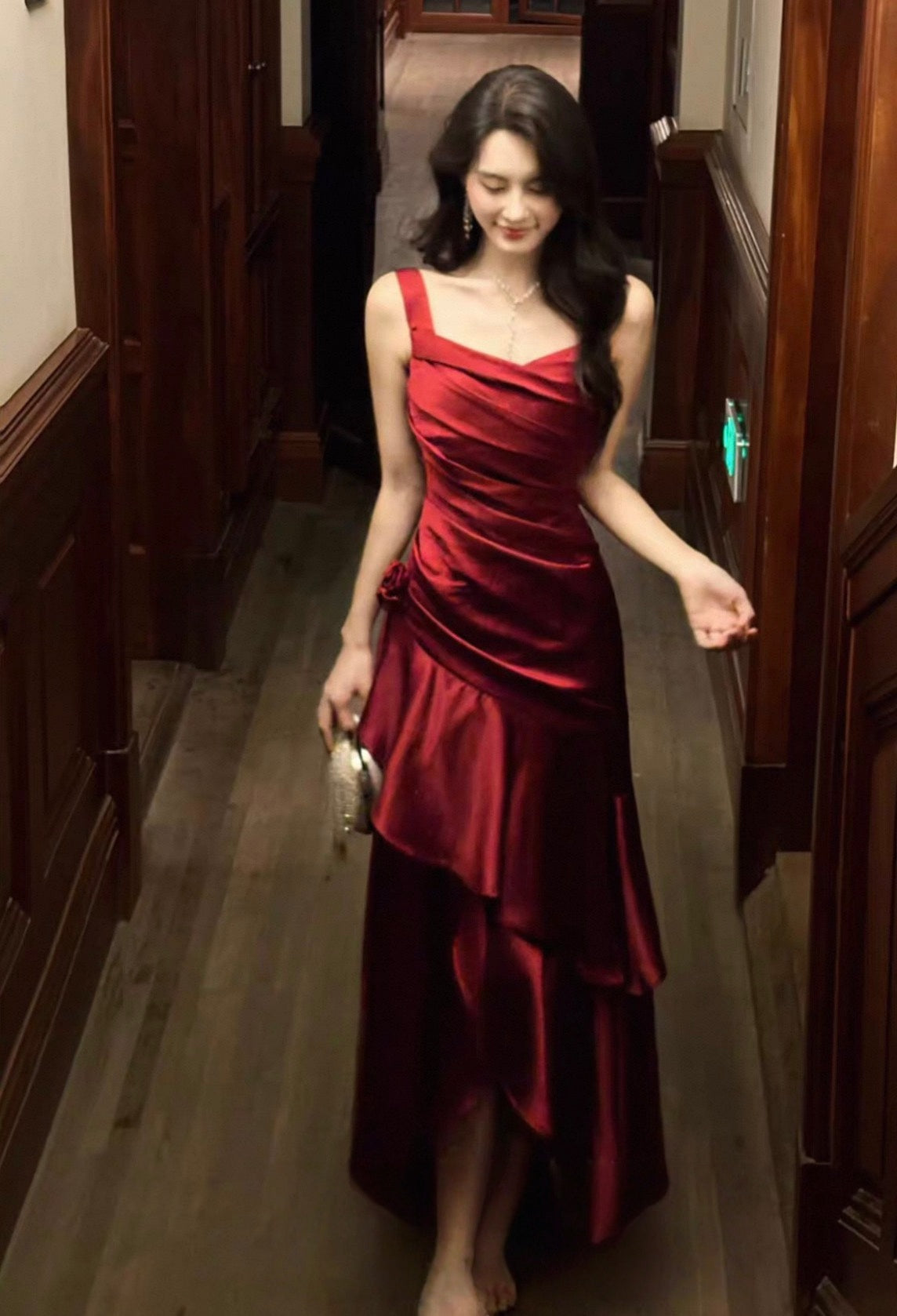 A-Linie Burgunderrot Langes Ballkleid Rüschen Elegantes Abendkleid J8617