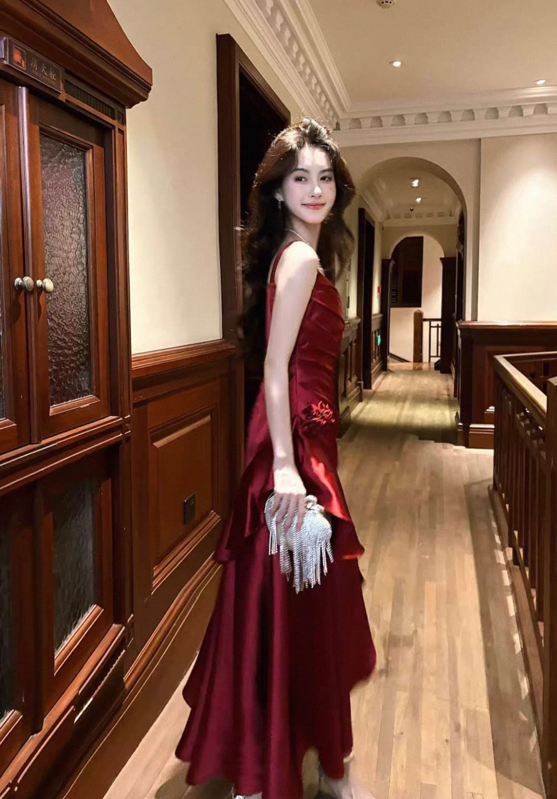 A-Linie Burgunderrot Langes Ballkleid Rüschen Elegantes Abendkleid J8617