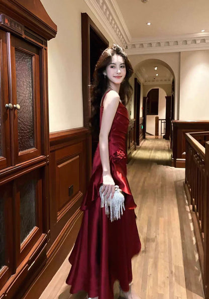 A-Linie Burgunderrot Langes Ballkleid Rüschen Elegantes Abendkleid J8617