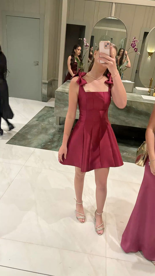 A Line Burgundy Satin Homecoming Dress Short Birthday Dress  J11140
