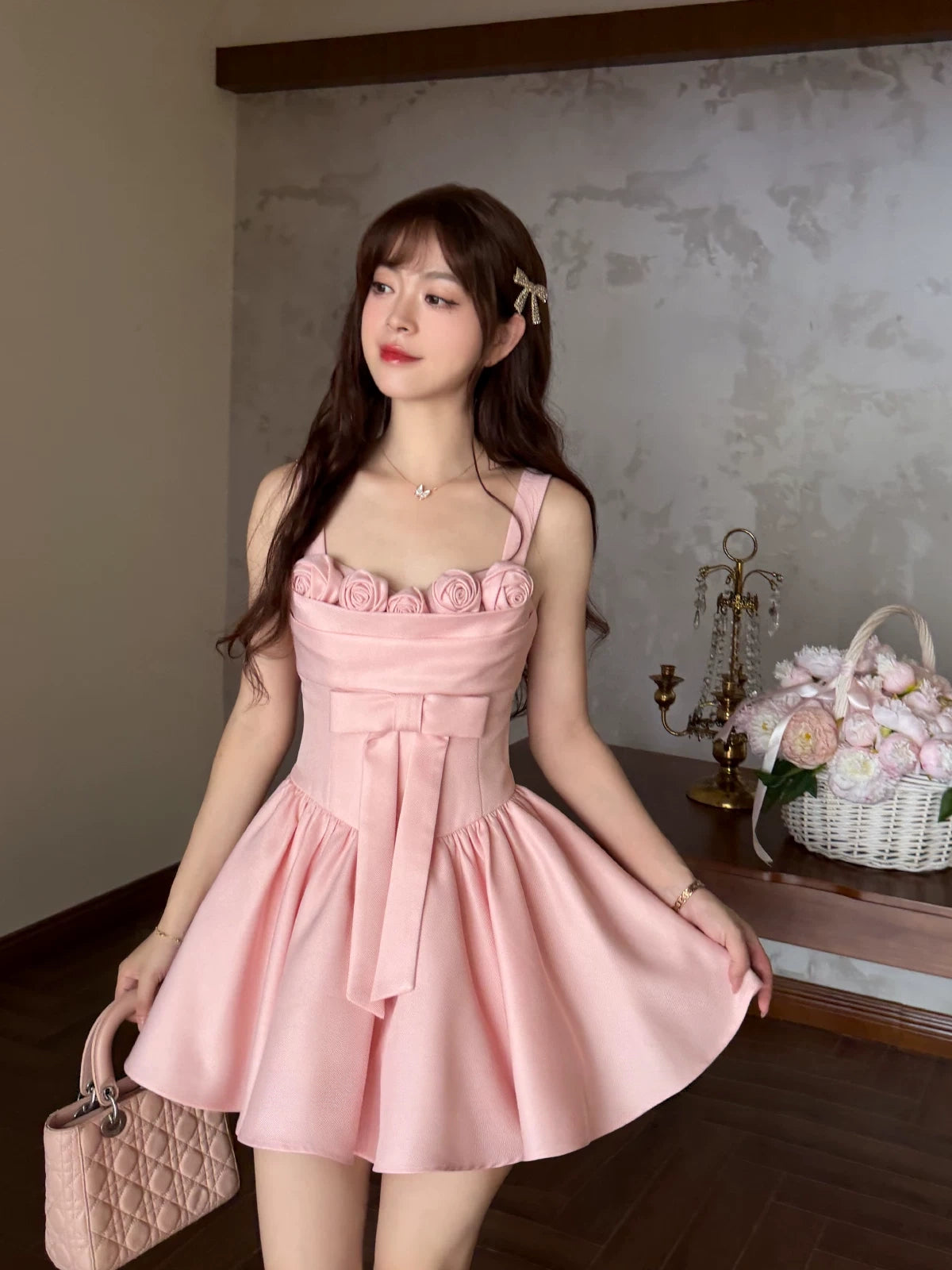 A Line Cute Pink A Line Birthday Dress with Floral J11745