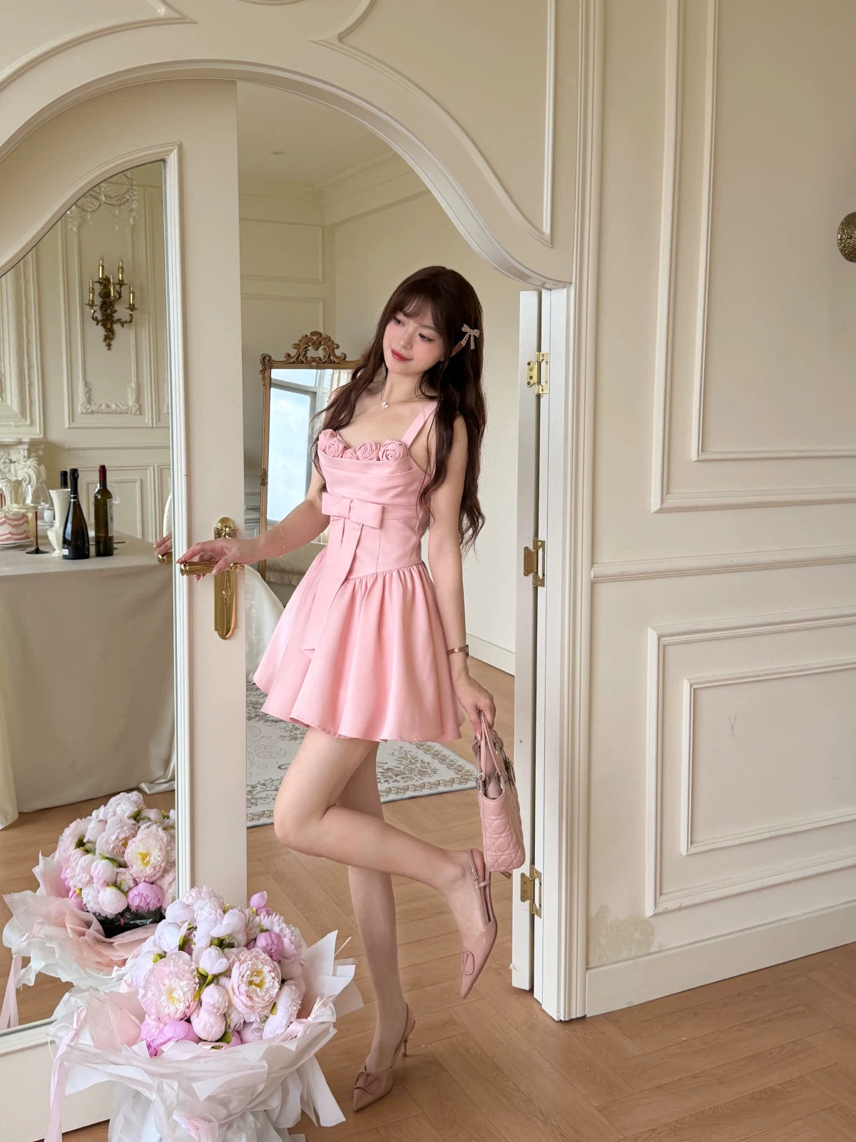 A Line Cute Pink A Line Birthday Dress with Floral J11745