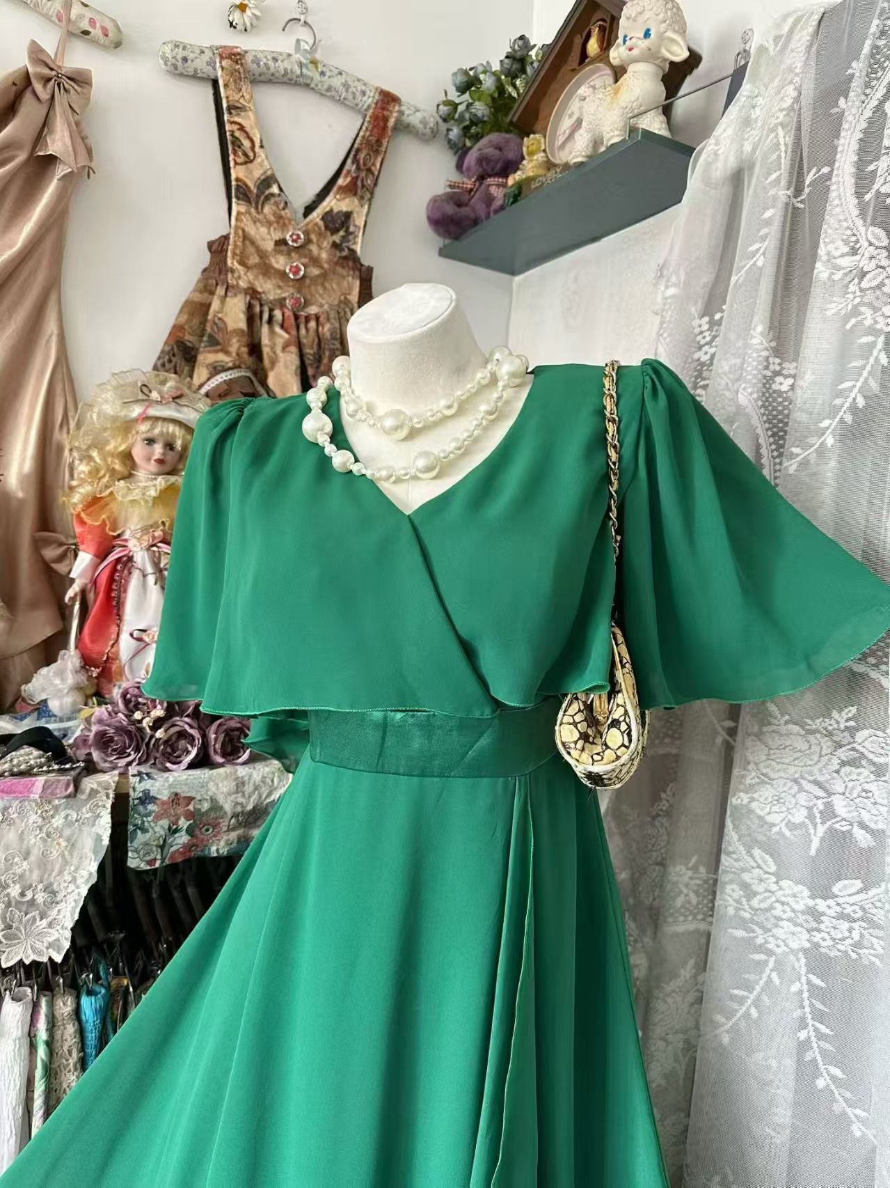 A Line Emerald Green Chiffon Evening Dress Modest Wedding Dress  J10874